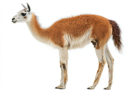 captivating creature, a guanaco, displays its long neck and slender legs with detailed fur against a stark white backdrop, embodying natures beauty.の素材