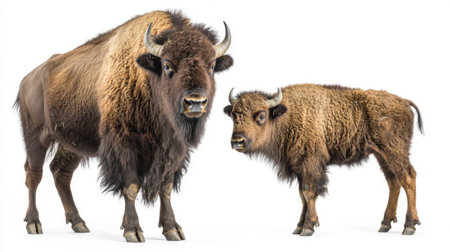 young European bison, with soft fur and emerging horns, stands next to its mother, embodying the bond between them in a serene moment of nature.の素材