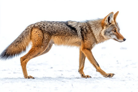 jackal moves gracefully across the ground, showcasing its slender body and keen alertness. Its agile posture reflects a blend of elegance and wildness in the serene environment.の素材