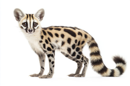 curious spotted genet stands gracefully, showcasing its distinctive spotted fur and long, striped tail, creating a captivating visual contrast with the white backdrop.の素材