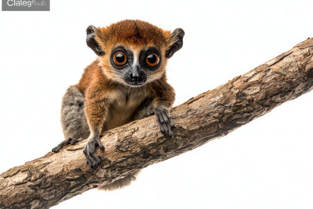 Perched gracefully on a branch, this tiny mouse lemur gazes curiously with its large eyes, showcasing its delicate features in stark contrast to a bright white background.の素材