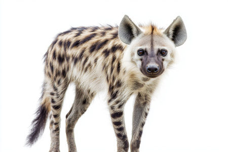 With its head curiously turned, this striped hyena stands on alert, displaying its distinctive striped coat. The creatures vigilance against a stark white background captivates the eye.の素材