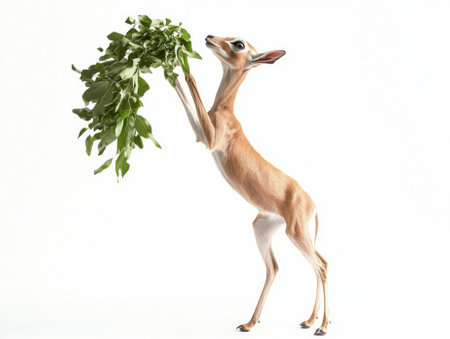 elegant gerenuk stands upright, stretching its long neck and slender legs to nibble on tender leaves. The clean white backdrop highlights its unique form and behavior.の素材