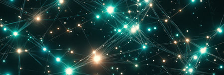 Turquoise particles create a mesmerizing array of geometric patterns, interconnected by glowing lines that evoke a cosmic and futuristic ambiance, showcasing digital artistrys allure.の素材