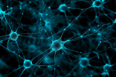 Turquoise dots scatter across a dark background, interconnected by glowing lines to evoke a cosmic ambiance, inviting contemplation and imagination.の素材