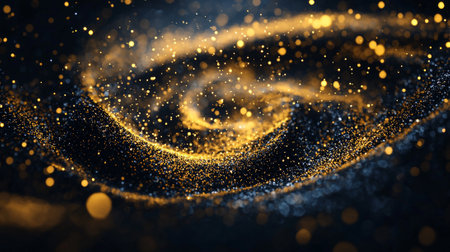 Yellow dots pulsate and swirl in a dynamic spiral, casting a warm glow against the black void. The varied sizes create an enchanting cosmic atmosphere, inviting contemplation.の素材
