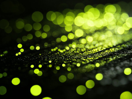 multitude of green particles glimmers softly against a dark background, evoking a sense of wonder and enchantment reminiscent of a magical fairyland in the evening.の素材