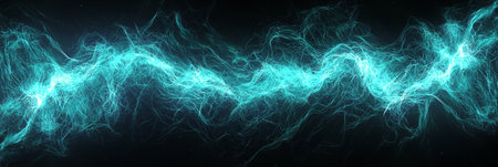 A brilliant burst of turquoise particles radiates outward, creating a mesmerizing wave of glowing energy that illuminates the darkness with its vibrant allure.の素材