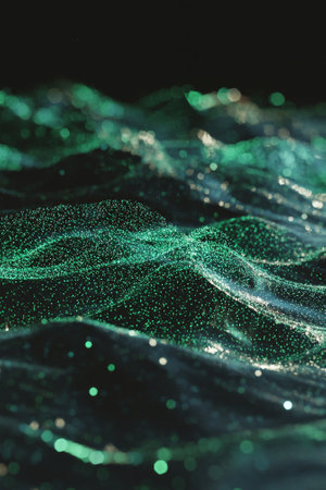 Delicate green particles swirl and shimmer, resembling ethereal waves in motion. The vibrant hues create a captivating, dreamlike atmosphere filled with energy and magic.の素材