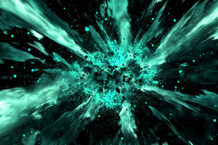 An intense burst of turquoise particles expands energetically from a central point, dispersing glowing dust and trails across a stark black backdrop, creating a mesmerizing visual spectacle.の素材