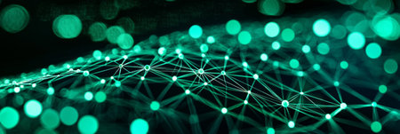 Delicate green particles shimmer and connect, forming an intricate web against a dark backdrop, evoking a sense of depth and movement in a digital realm.の素材