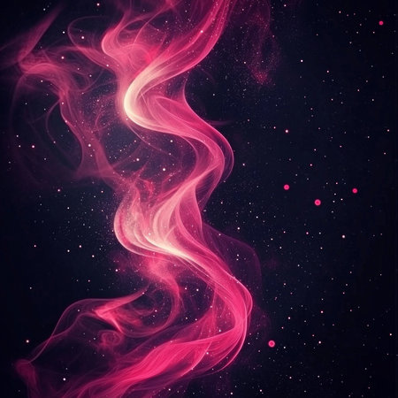 Vibrant red particles swirl gracefully in a deep cosmic space, illuminating the darkness with their enchanting glow. The ethereal movement creates a mesmerizing visual journey.の素材