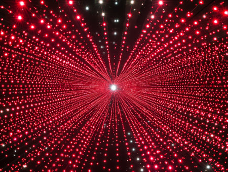 As the red particles burst forth in all directions, they create a stunning visual effect reminiscent of a cosmic tunnel. The contrast against the dark backdrop enhances the immersive experience.の素材