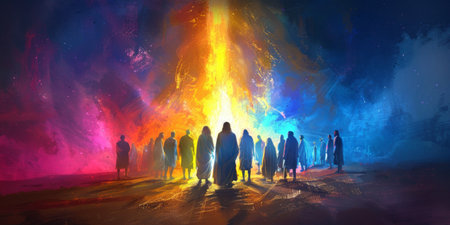 A radiant light shines forth as Jesus Christ appears in glory, surrounded by amazed disciples. The atmosphere is electric with vibrant colors, symbolizing hope and resurrection in a holy moment.の素材