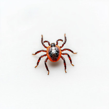tiny tick moves slowly across a pristine white surface, revealing its round body and extended legs. The hyper-realistic detail highlights its unique features and textures.の素材