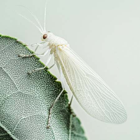 delicate whitefly intricately perched on a vibrant green leaf, showcasing its ethereal wings and fine details against a soft white backdrop, highlighting natures beauty.の素材