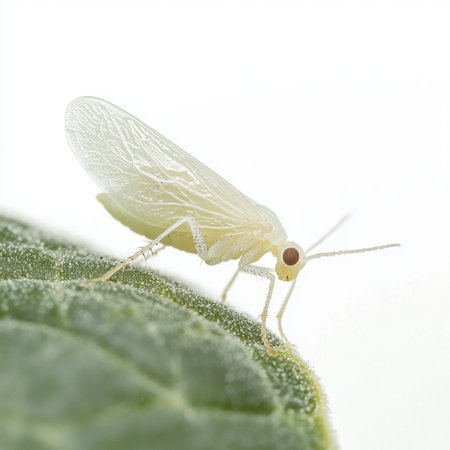 close-up reveals a graceful whitefly, its delicate wings fully extended as it perches on a vibrant green leaf, highlighting the beauty of small insects in nature.の素材