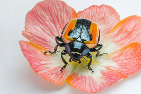 stunning flower beetle perches on a soft petal, its metallic sheen gleaming amidst the gentle curves and vibrant hues of the flower, capturing natures artistry perfectly.の素材