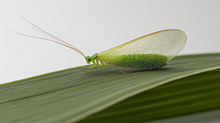 green lacewing perches lightly on a leaf, highlighting its slender body and large, delicate wings, suspended in a serene moment amidst a bright background.の素材
