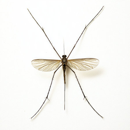 striking close-up captures a mosquito mid-flight, highlighting its delicate body, thin legs, and long proboscis against a pristine white backdrop, revealing the beauty of nature.の素材