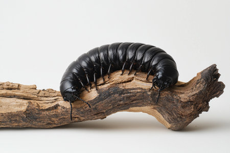 stout stag beetle larva lies curled on a piece of aged wood, its glossy black body contrasting with the rough texture of the bark. Tiny legs extend from its plump form.の素材