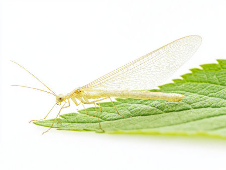 lacewing insect rests gracefully on a lush green leaf, revealing its transparent wings and slender form against a clean, bright background, highlighting its delicate beauty.の素材