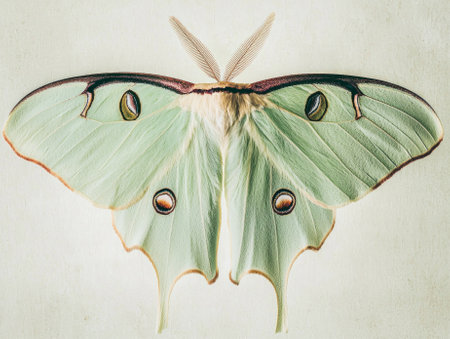 striking luna moth rests gracefully with its expansive, pale green wings unfurled, revealing intricate patterns against a pristine backdrop, captivating all who behold it.の素材