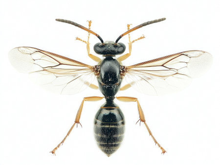 parasitic wasp hovers gracefully, its long, slender body and gossamer wings captured in perfect isolation. This vibrant insect displays natures intricate beauty and adaptability.の素材