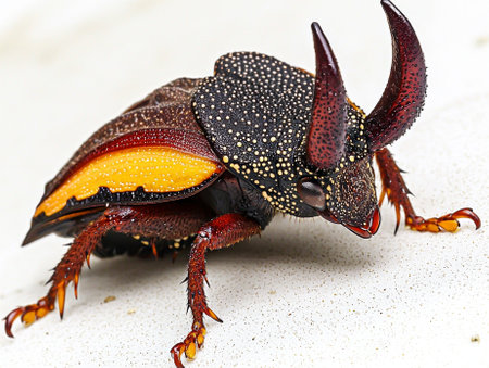 striking treehopper moves gracefully across a white surface, revealing its distinctive horn-like projections and colorful body patterns that captivate the eye.の素材