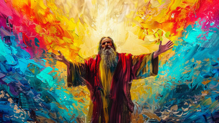 Moses raises his arms towards the heavens, illuminated by vibrant colors, as he receives the Ten Commandments on Mount Sinai.の素材