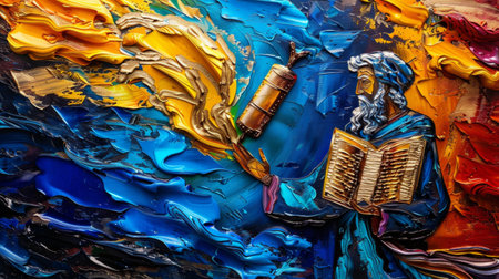 Moses stands with the Ten Commandments, illuminated by vibrant colors, as he receives divine guidance from the heavens.の素材