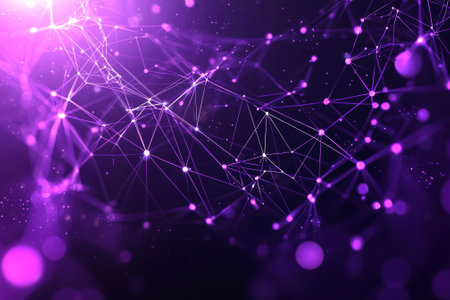 Tiny purple dots are scattered across a black canvas, interconnected by glowing lines, evoking a cosmic feel that invites reflection and imagination.の写真素材