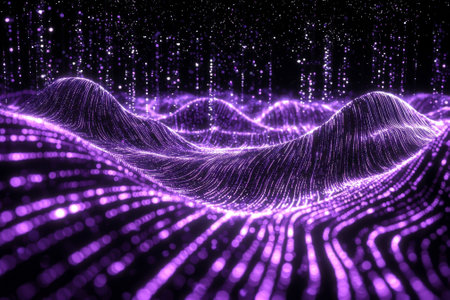 A striking arrangement of tiny purple dots scattered across a black canvas, connected by luminous lines that create an enchanting cosmic constellation pattern, inviting cosmic wonder.の写真素材