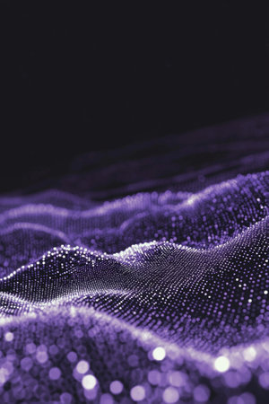 A mesmerizing arrangement of purple dots flows gracefully across a deep black backdrop, evoking a sense of motion and tranquility in a minimalist digital composition.の写真素材