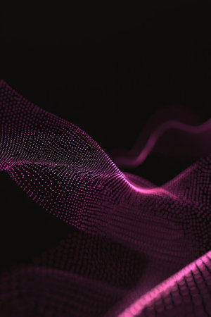 A captivating wave of purple dots undulates gracefully across a deep black background, evoking a sense of smooth, dynamic movement in this minimalist digital creation.の写真素材