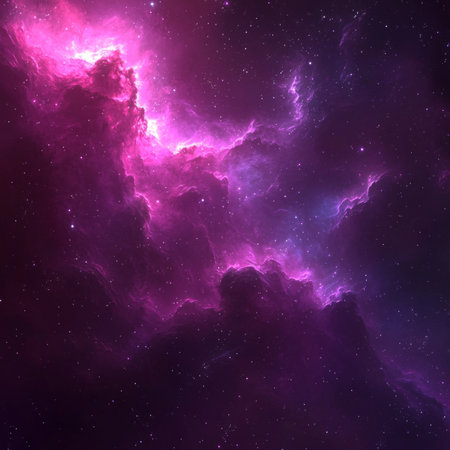 An enchanting display of swirling purple particles forms a mesmerizing nebula, delicately illuminating the black expanse of space. This cosmic art captivates with its ethereal beauty.の写真素材