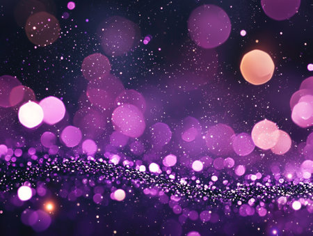 Small purple dots float chaotically against a dark background, glowing with varying intensity, creating a captivating cosmic atmosphere full of energy and intrigue.の写真素材