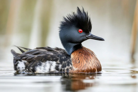black-necked grebe swims gracefully across tranquil waters, its dark plumage contrasting beautifully with vibrant red eyes, creating a stunning display of natures artistry.の素材