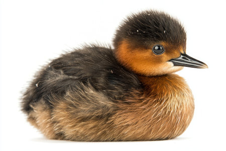 small grebe glides smoothly through the water, its rounded silhouette and rich brown plumage standing out in the serene environment, evoking tranquility and grace.の素材