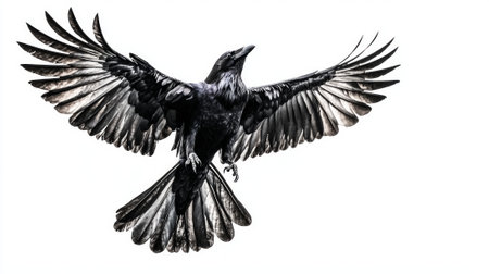 raven soars through the air, its wings fully extended, showcasing striking feathers in sharp contrast to the clear white background, symbolizing power and elegance.の素材