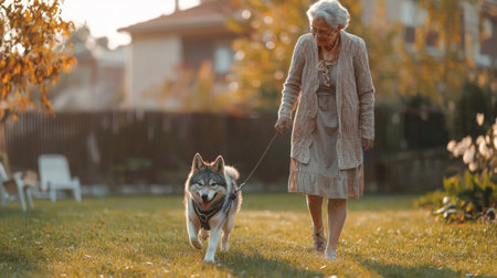 In a sunny yard a grandmother leads her granddaughter dressed in a wolf mask on all fours playfully running next to her on a leash embracing a delightful day outdoors.の素材