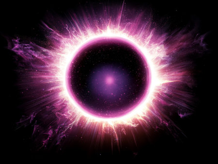breathtaking display unfolds as vibrant purple particles burst outward, forming a luminous sphere of energy. The cosmic backdrop enhances the dynamic scattering effect.の写真素材