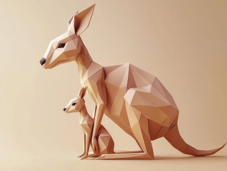 artwork features a kangaroo standing upright with its joey peeking from the pouch, crafted in elegant paper cut-out style, highlighting Australian wildlifes charm.の素材