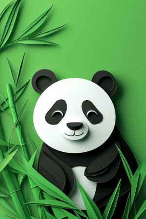 delightful panda crafted from layered black and white paper pieces rests next to a vibrant bamboo stalk, set against a calming green backdrop illuminated by early morning light.の素材