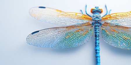 Crafted in a delicate paper art style, this dragonfly displays intricate details in blue, green, and gold hues, showcasing its graceful wings in a bright ambient light.の素材