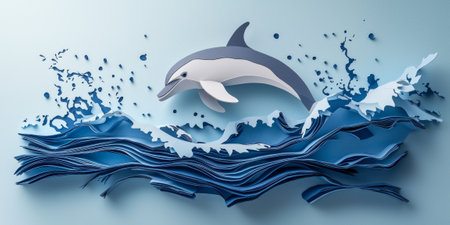 beautifully crafted dolphin in shades of grey jumps gracefully from stylized blue waves made of layered paper, surrounded by playful splashes, capturing the essence of marine life.の素材