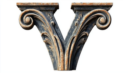 vintage letter V stands out with intricate column-like detailing, capturing the elegance of classic design against a clean white background, perfect for artistic use.の素材
