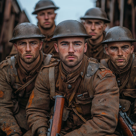 group of World War I soldiers clad in period uniforms poses confidently with their rifles showcasing the somber yet courageous spirit of the era.の素材
