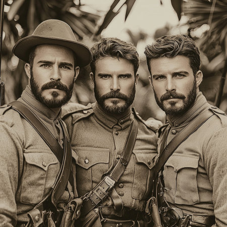 Three soldiers from the First World War stand together with their weapons showcasing their serious demeanor and military attire amidst a retro backdrop.の素材