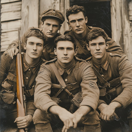 Five soldiers from World War I strike poses with their weapons reflecting the spirit of the time. This retro styled capture highlights their unity and determination.の素材